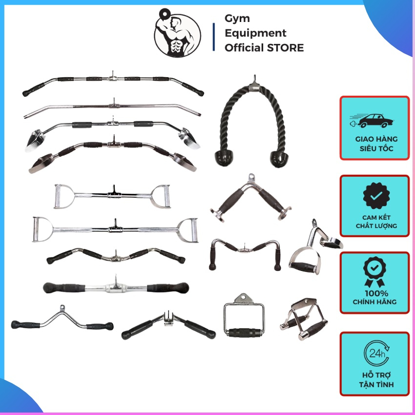 Phụ kiện cho máy tạ khối kéo cáp tập gym, tay nắm đơn tay nắm đôi, thanh thẳng, thanh cong phủ cao su chống trượt ULTIMATE GYM